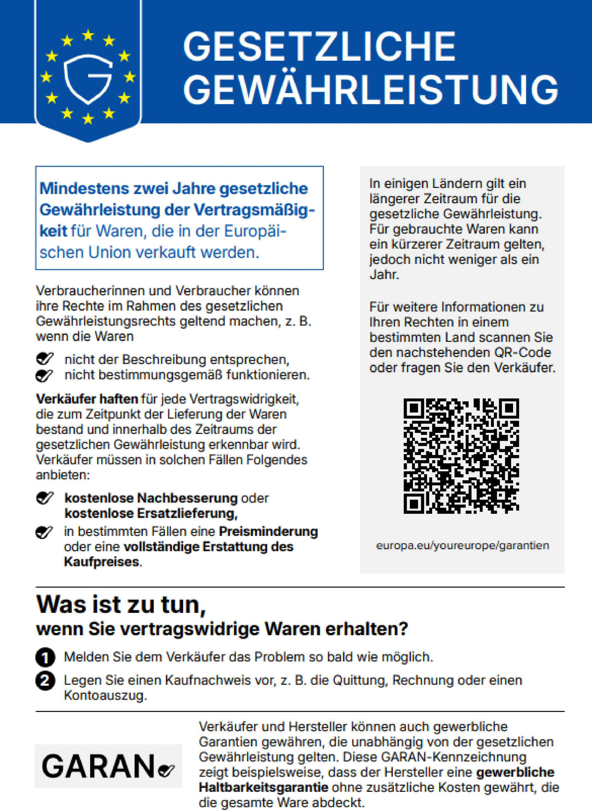 Amtliche Mitteilung der Europäischen Kommission zum gesetzlichen Gewährleistungsrecht: Mindestens zwei Jahre gesetzliche Gewährleistung der Vertragsmäßigkeit für Waren, die in der Europäischen Union verkauft werden.